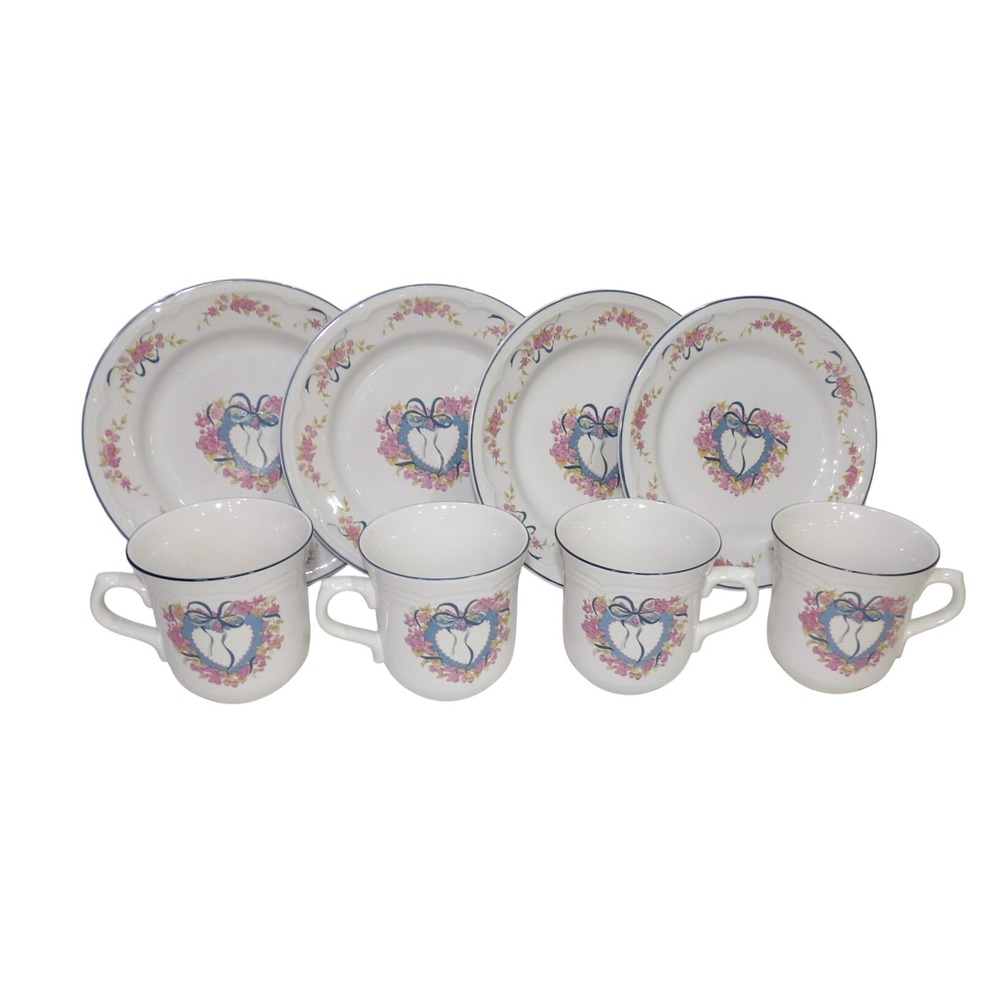 Sweet Heart Stoneware 8 Piece Tea Set 4 Mugs 4 Plates Floral Heart Cottagecore